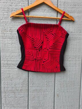 90s Andrea Rosati Geo Textured Mesh Bustier Cami sz 4 Red Black Artsy Goth